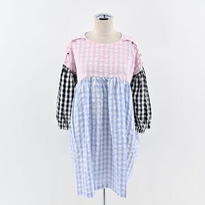 TACH Clothing Dress Sz S Catarina Babydoll Colorblock Gingham Cotton Puff Sleeve